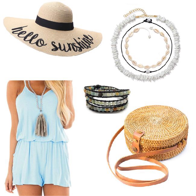 outfit of the week: hello sunshine, light blue romper, floppy hat, woven rattan bag, beach necklace set, bangles