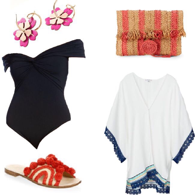 Solid black one piece,  kimono, woven bag, woven pom-pom sandals, color pop earrings 