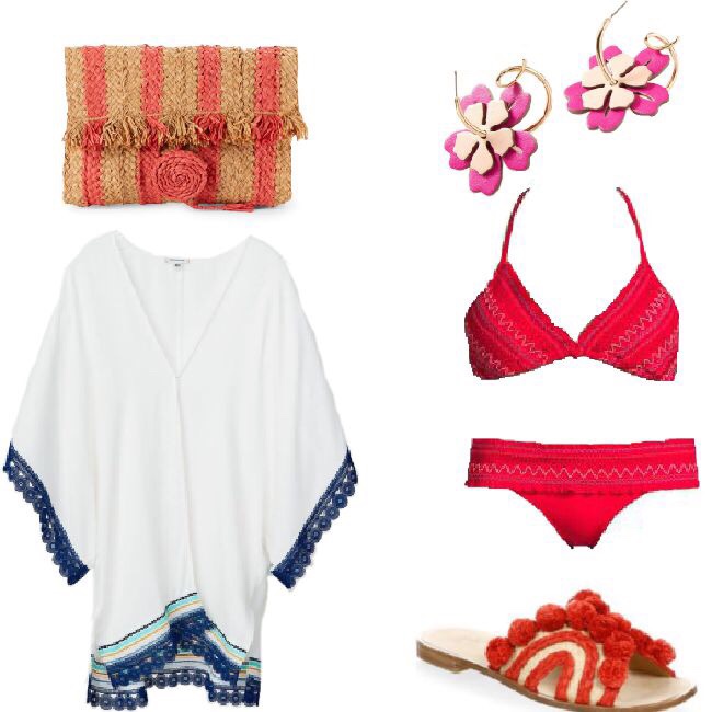 Red embroidered bikini, kimono, woven bag, woven pom-pom sandals, color pop earrings 